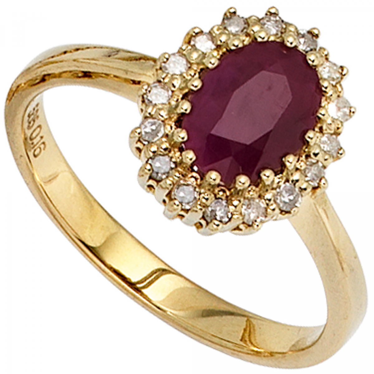 Damen Ring 585 Gold Gelbgold 1 Rubin rot 16 Diamanten 0,16ct. Goldring - 52mm