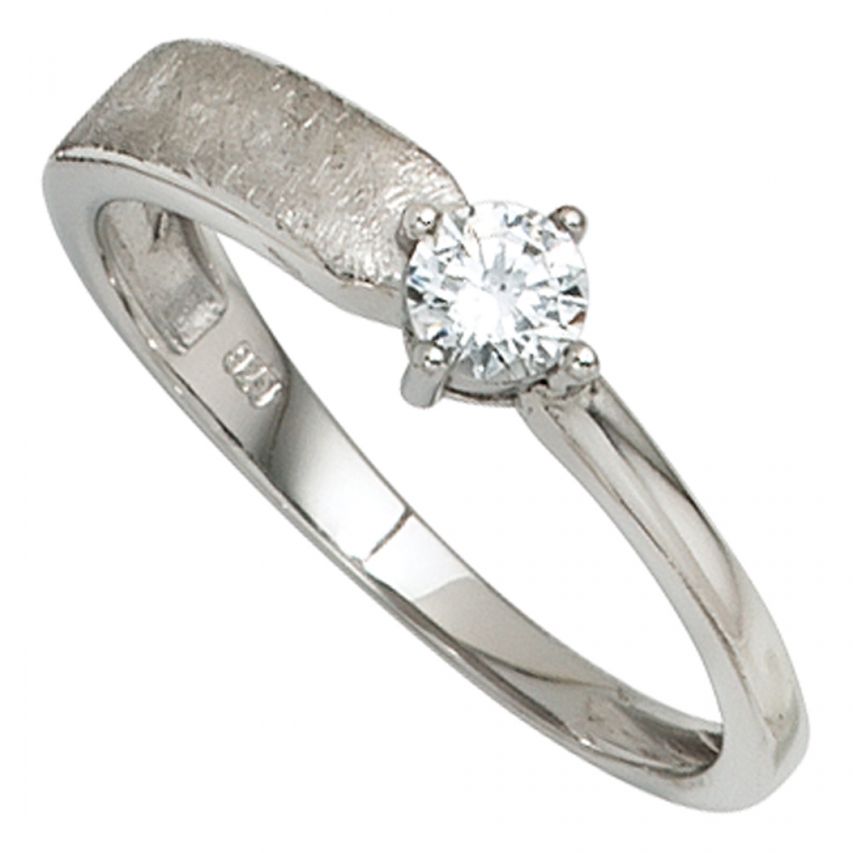 Damen Ring 925 Sterling Silber rhodiniert eismatt 1 Zirkonia Silberring - 50mm