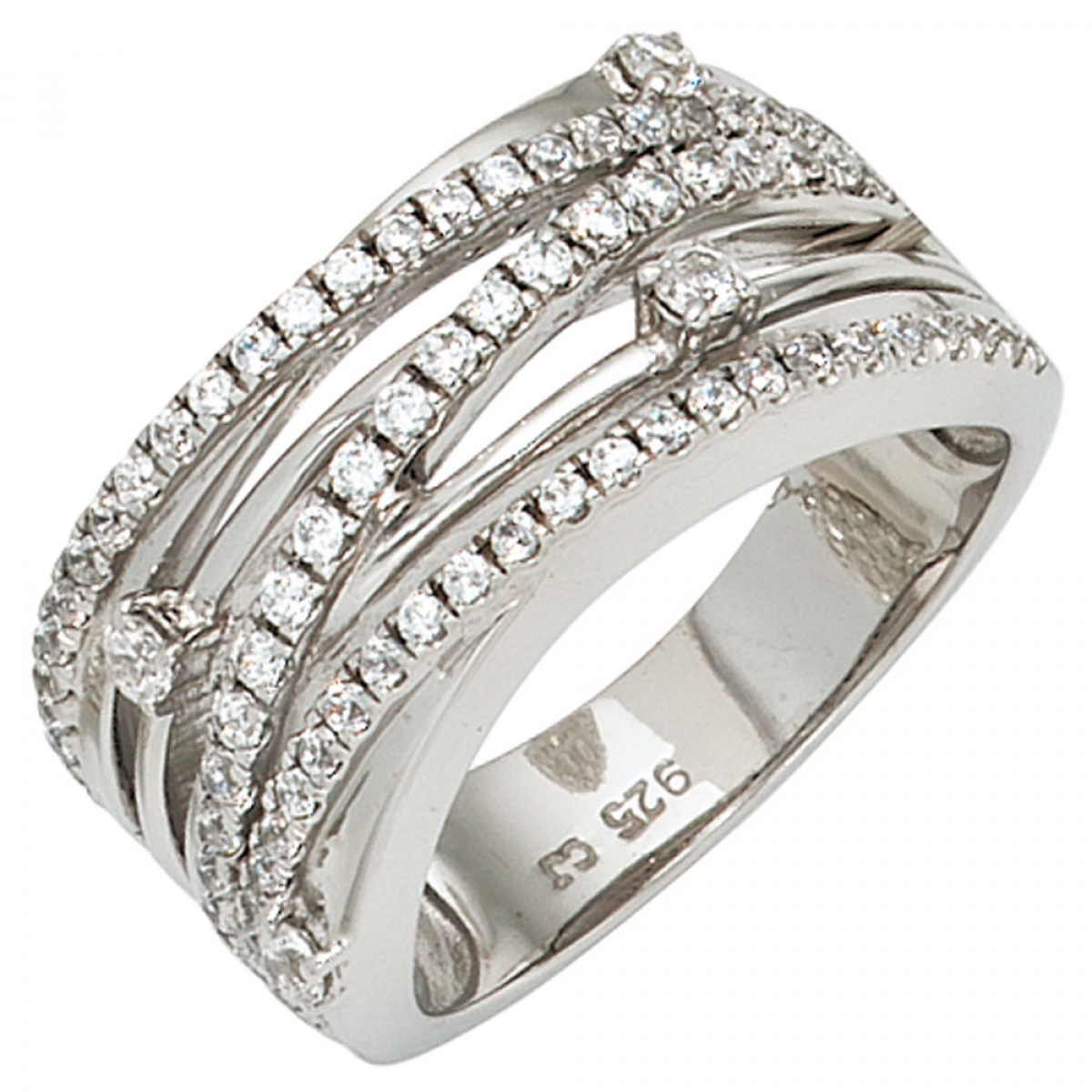 Damen Ring breit 925 Sterling Silber rhodiniert mit Zirkonia Silberring - 64mm
