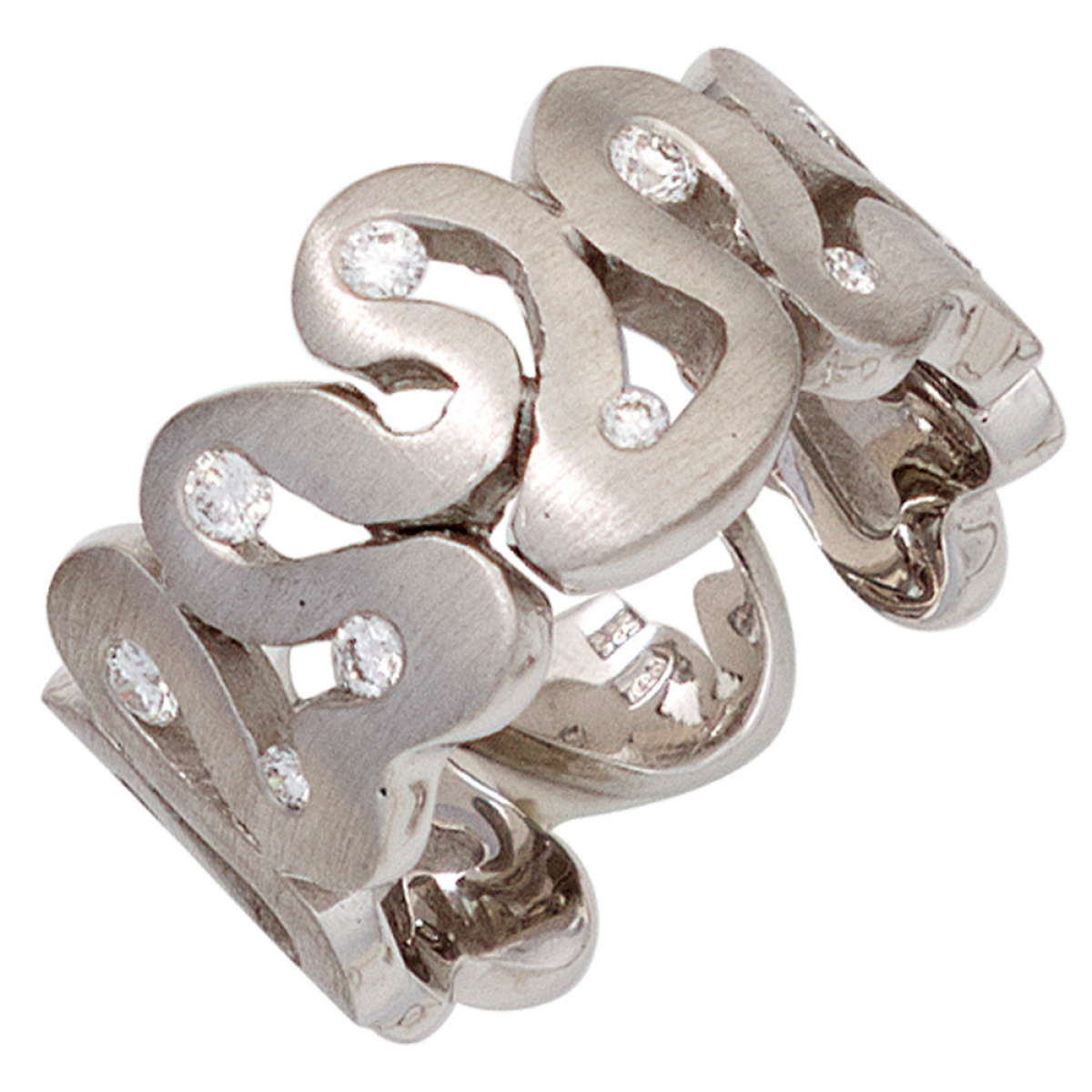Damen Ring breit 585 Gold Weißgold matt 10 Diamanten Brillanten Weißgoldring - 56mm