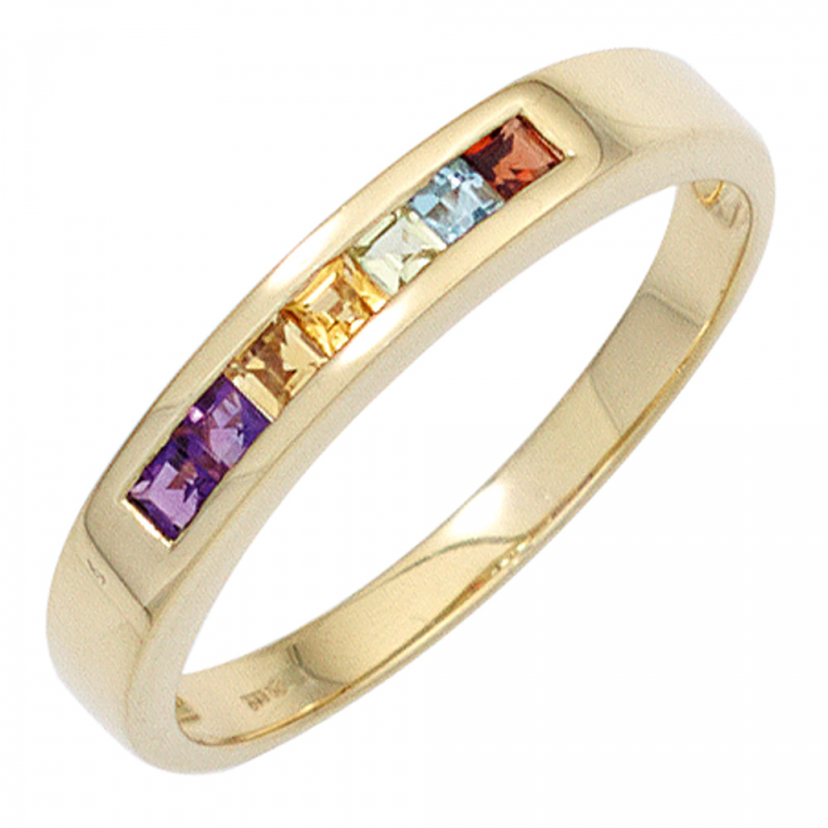 Damen Ring 585 Gelbgold 2 Amethyste 2 Citrine 1 Granat 1 Peridot 1 Blautopas - 56mm