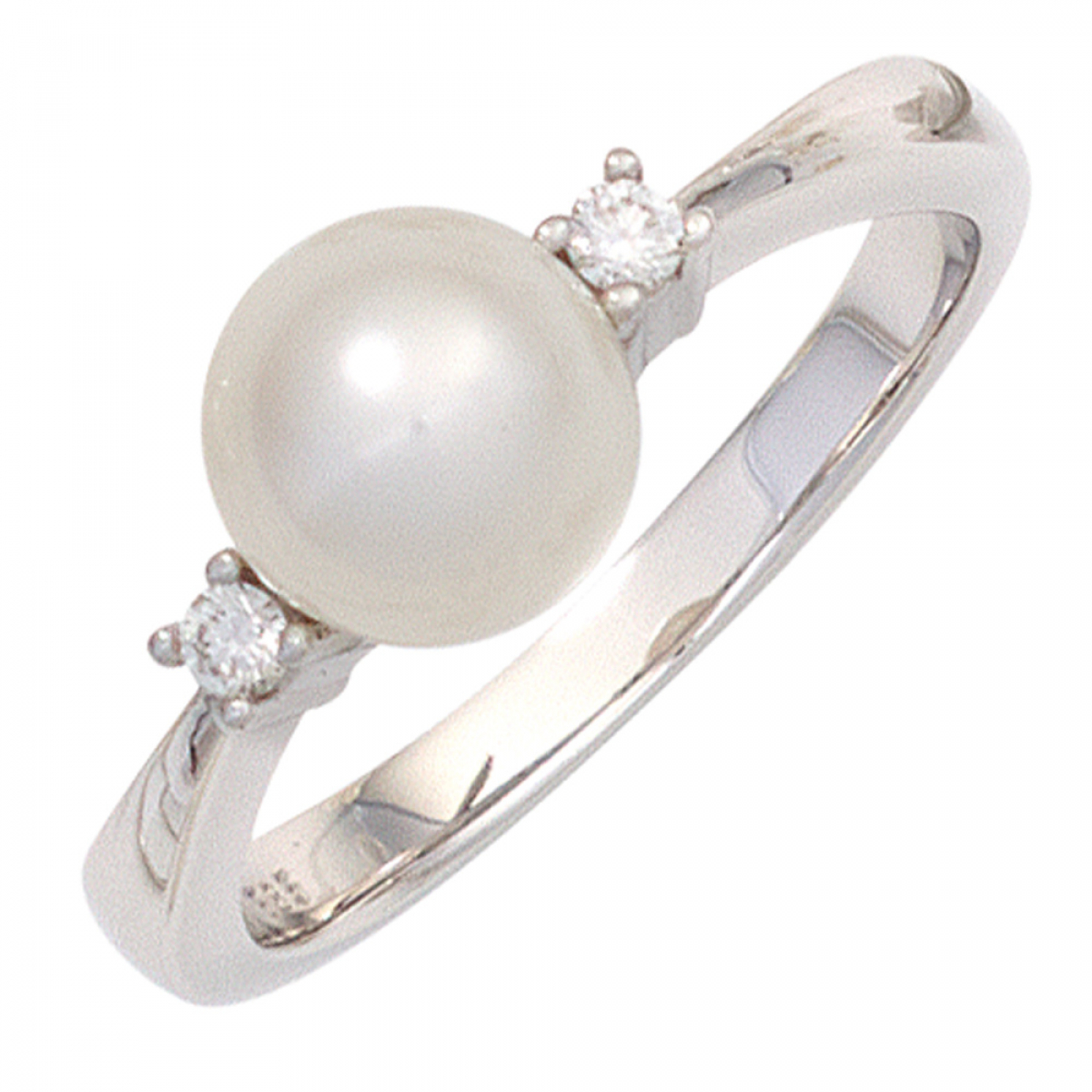 Damen Ring 585 Gold Weißgold 1 Süßwasser Perle 2 Diamanten Brillanten Perlenring - 52mm