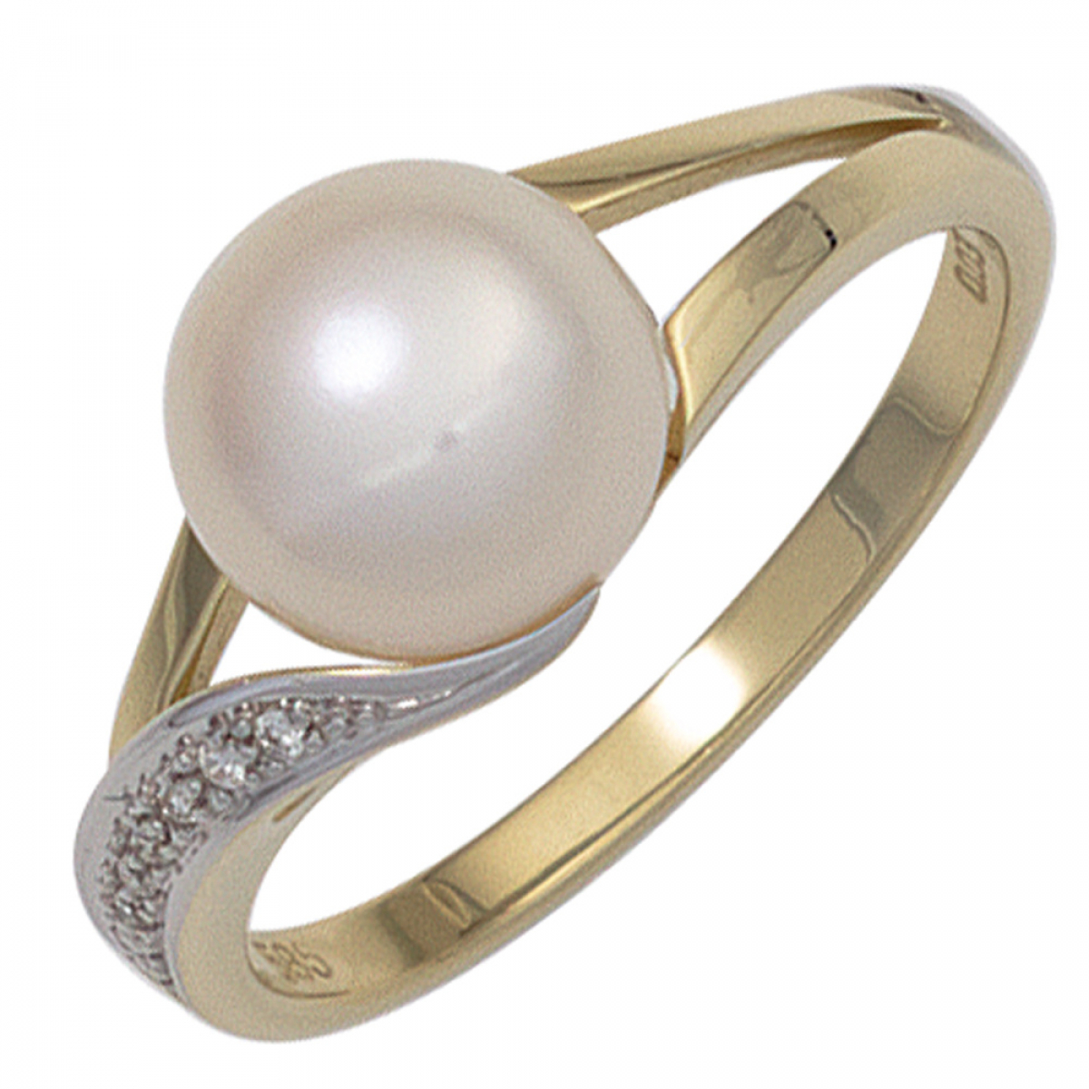 Damen Ring 585 Gold Gelbgold 1 Süßwasser Perle 6 Diamanten Brillanten Perlenring - 50mm
