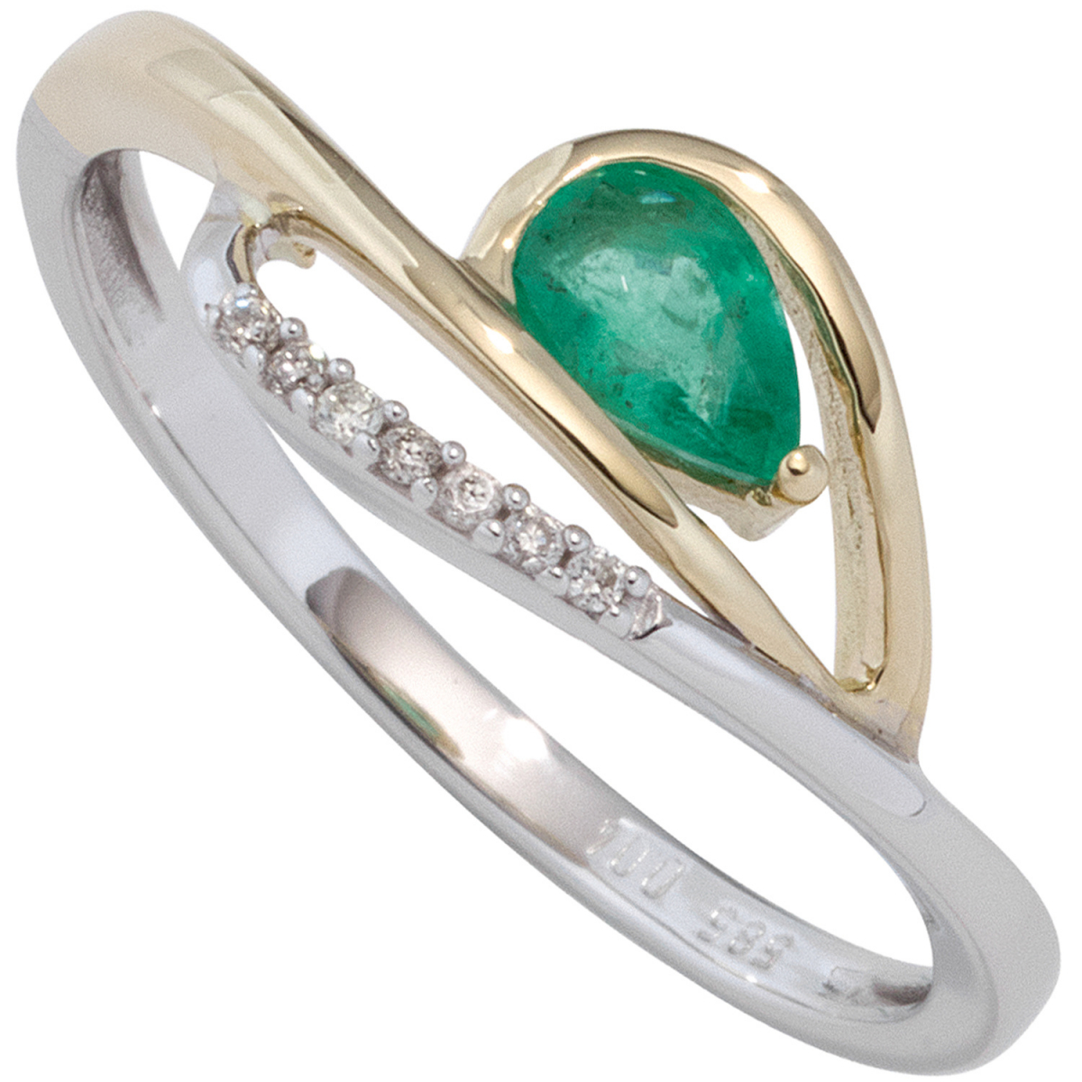 Damen Ring 585 Weißgold Gelbgold bicolor 1 Smaragd grün 7 Diamanten Brillanten - 54mm