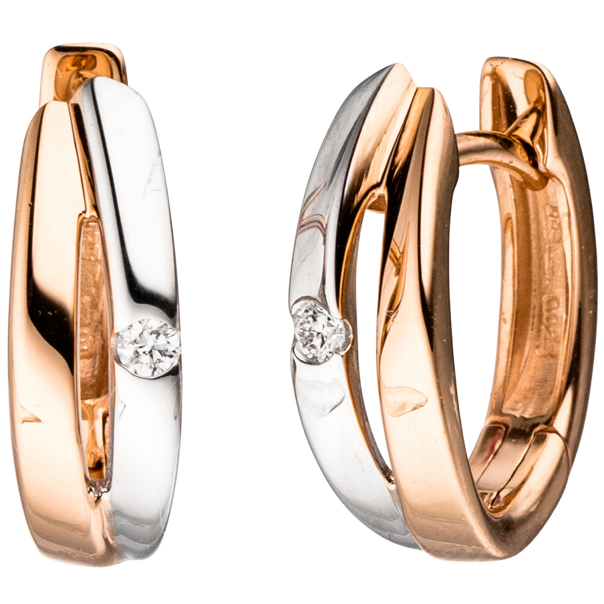 Creolen 585 Gold Rotgold bicolor 2 Diamanten Brillanten Ohrringe Goldcreolen