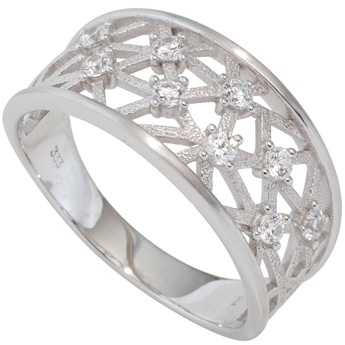 Damen Ring breit 333 Gold Weißgold teil matt 9 Zirkonia Goldring Weißgoldring - 52mm