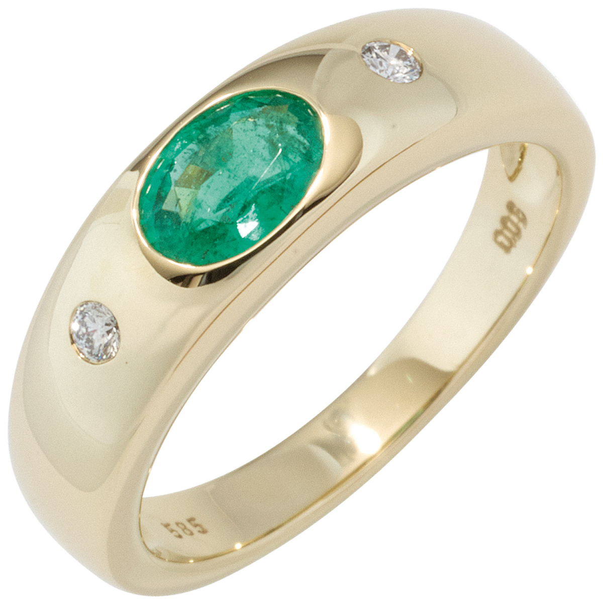 Damen Ring 585 Gold Gelbgold 1 Smaragd grün 2 Diamanten Brillanten Goldring - 58mm