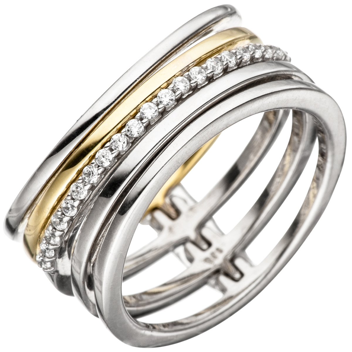 Damen Ring mehrreihig breit 925 Silber bicolor vergoldet mit Zirkonia Silberring - 58mm
