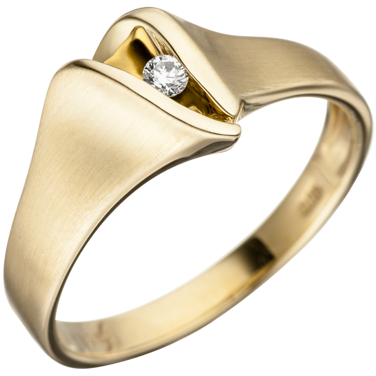Damen Ring 585 Gold Gelbgold matt 1 Diamant Brillant Goldring Diamantring - 54mm