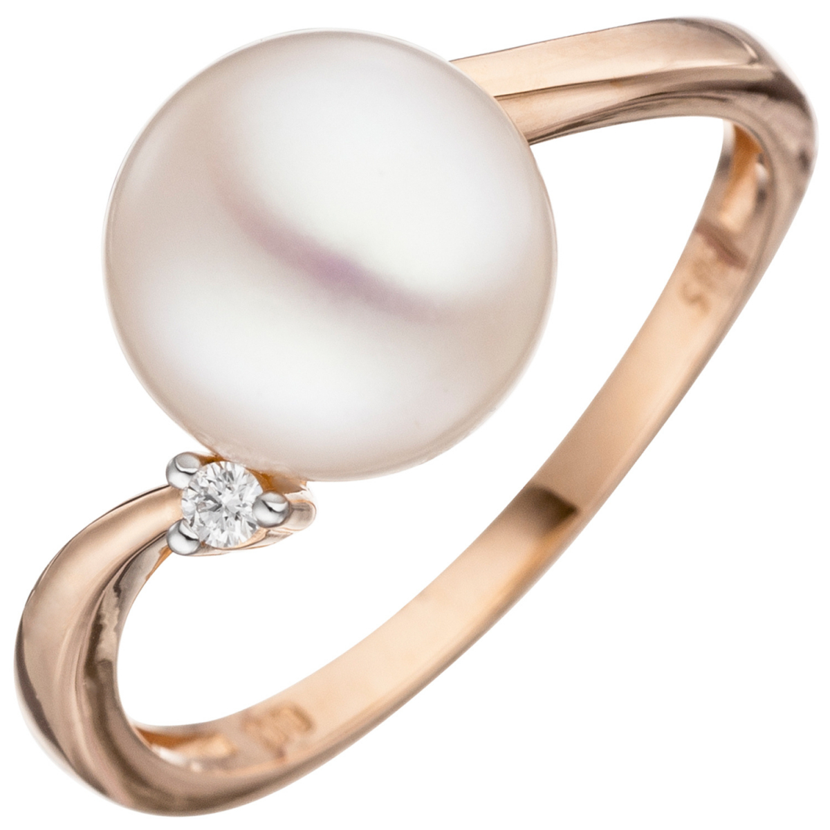 Damen Ring 585 Rotgold 1 Süßwasser Perle 1 Diamant Brillant Perlenring - 60mm