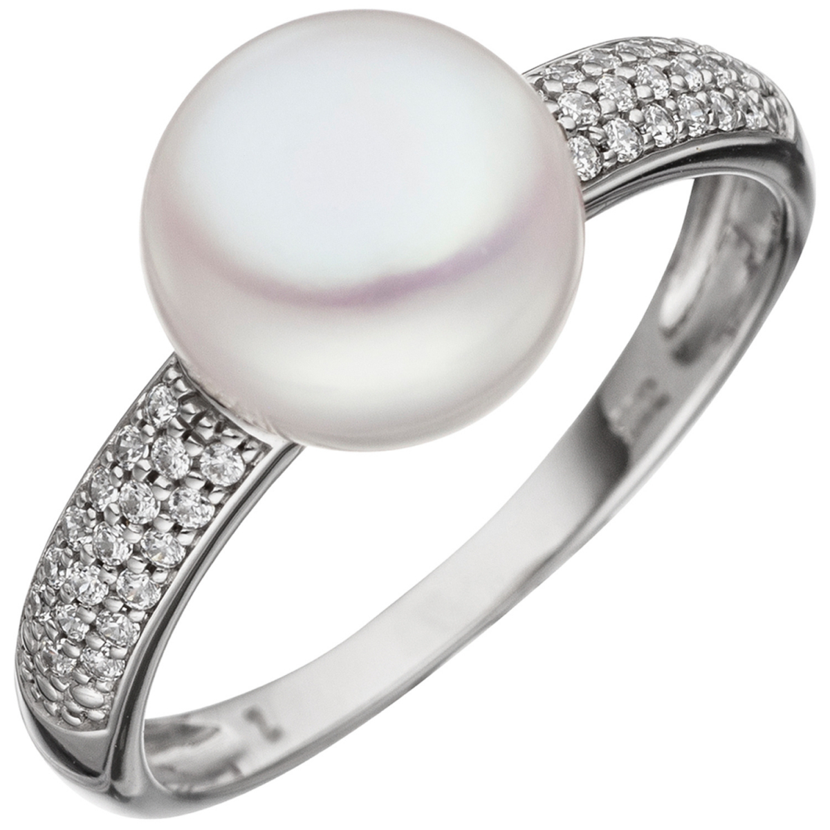 Damen Ring 333 Gold Weißgold 1 Süßwasser Perle 36 Zirkonia Perlenring Goldring - 58mm
