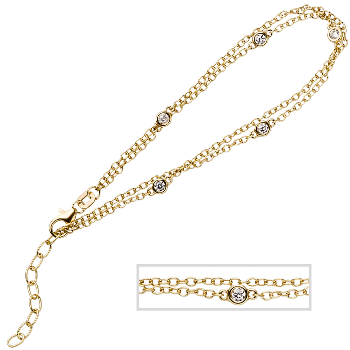 Armband 2-reihig 925 Sterling Silber gold vergoldet 5 Zirkonia 21 cm verkürzbar