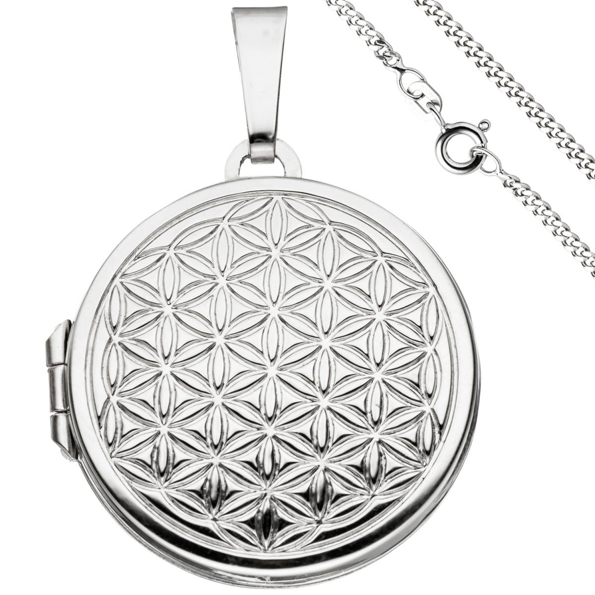 Medaillon Blume des Lebens rund Anhänger zum Öffnen 925 Silber mit Kette 50 cm