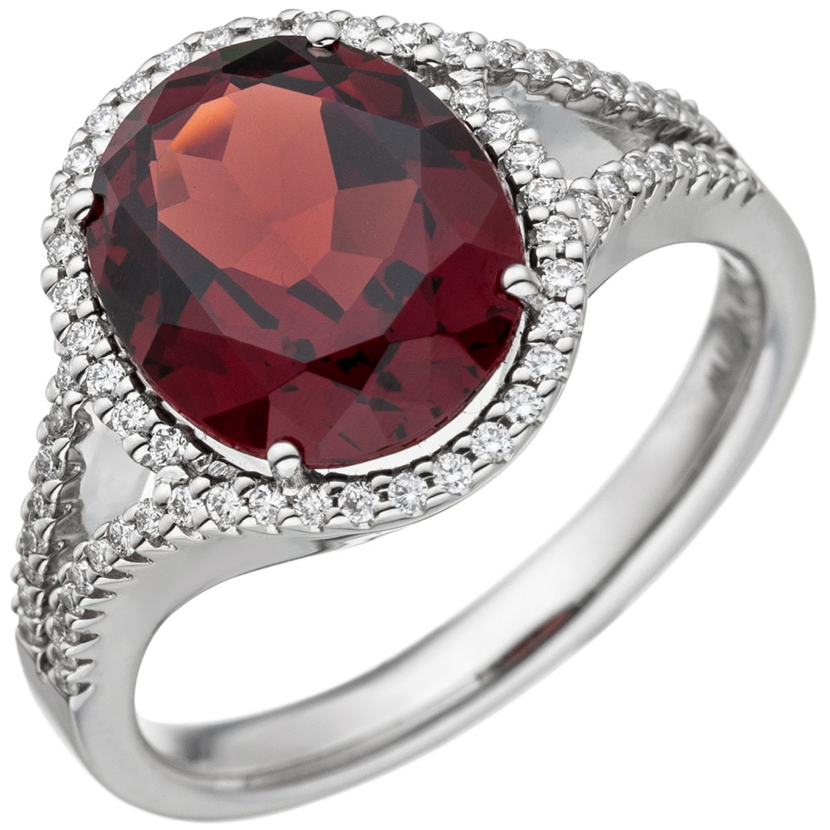 Damen Ring 585 Gold Weißgold 1 Granat rot 66 Diamanten Brillanten Granatring - 56mm