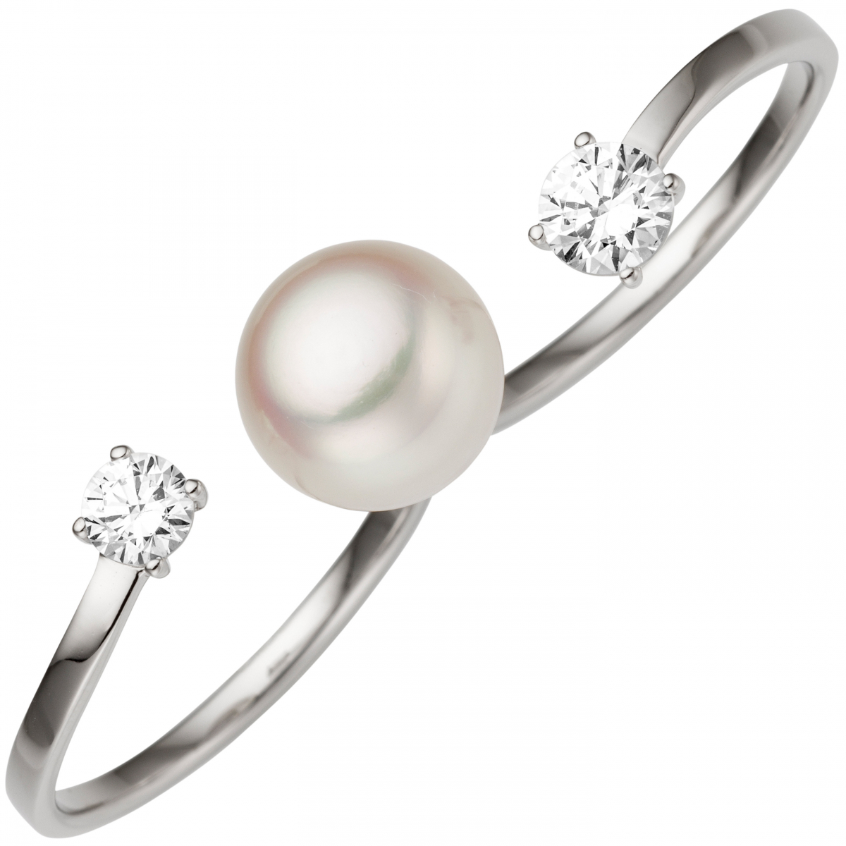 Damen Zweifinger Ring 333 Gold Weißgold 1 Süßwasser Perle 2 Zirkonia Perlenring - 56mm
