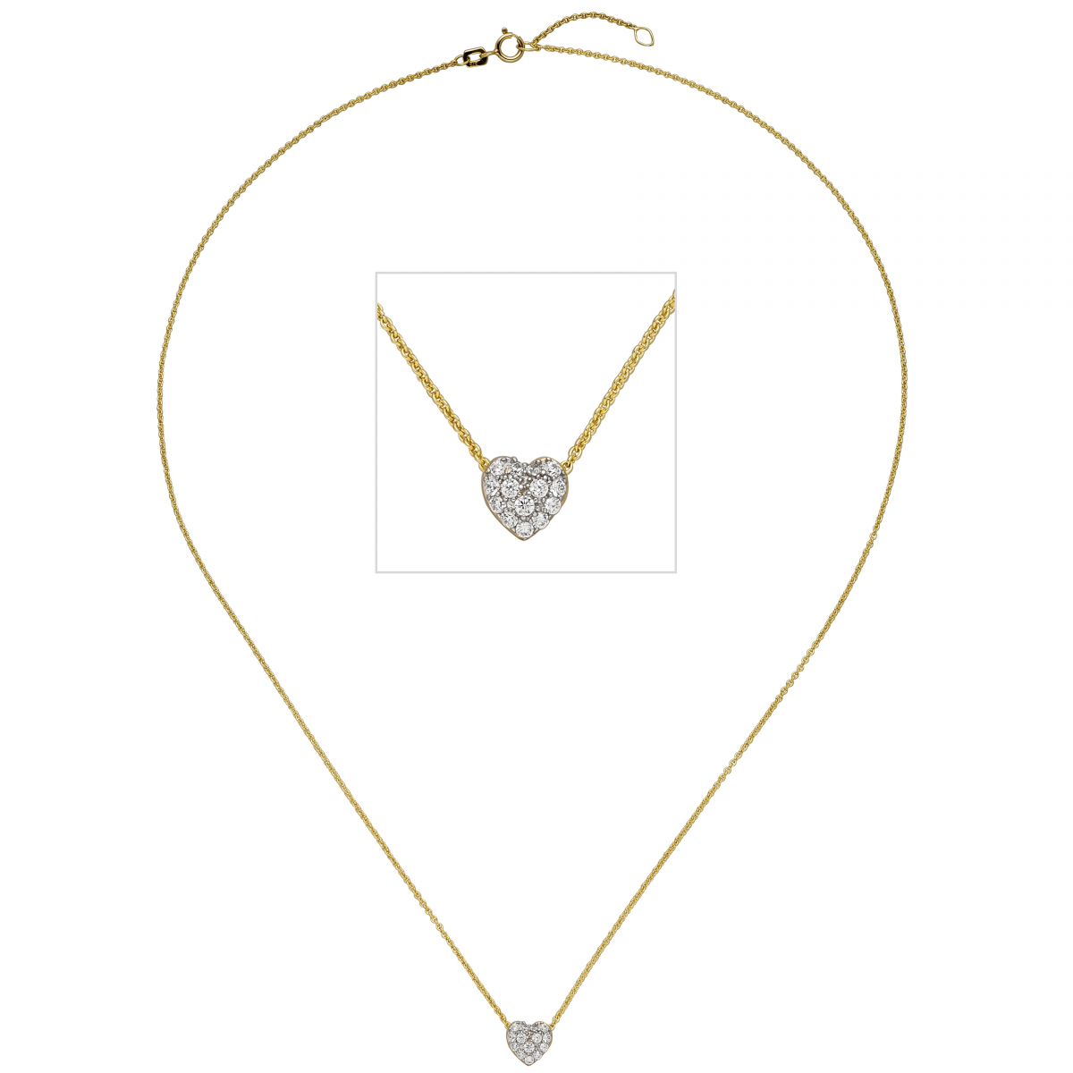 Collier Kette mit Anhänger Herz 375 Gold Gelbgold bicolor 14 Zirkonia 45 cm