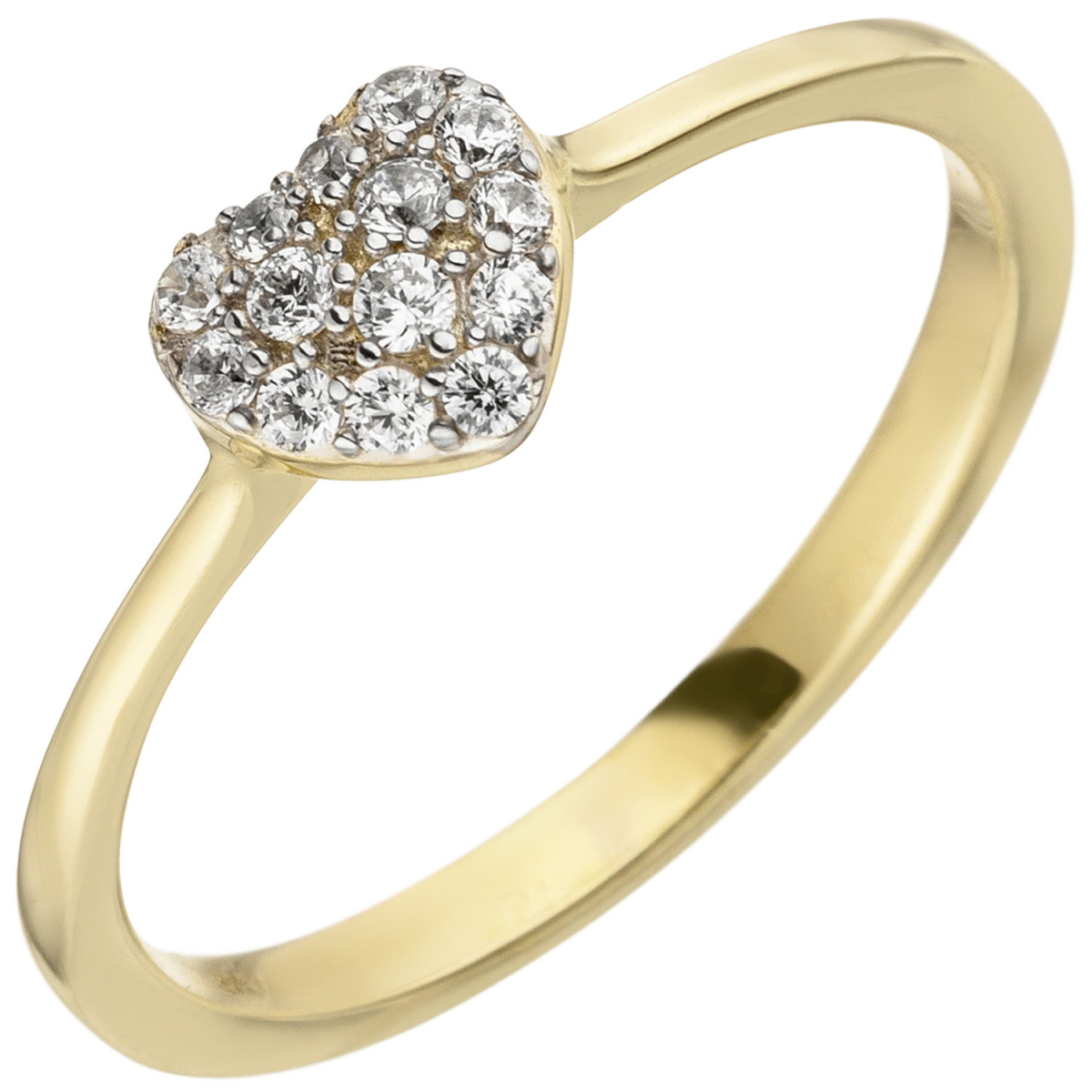 Damen Ring Herz 375 Gold Gelbgold 14 Zirkonia Goldring Herzring - 52mm