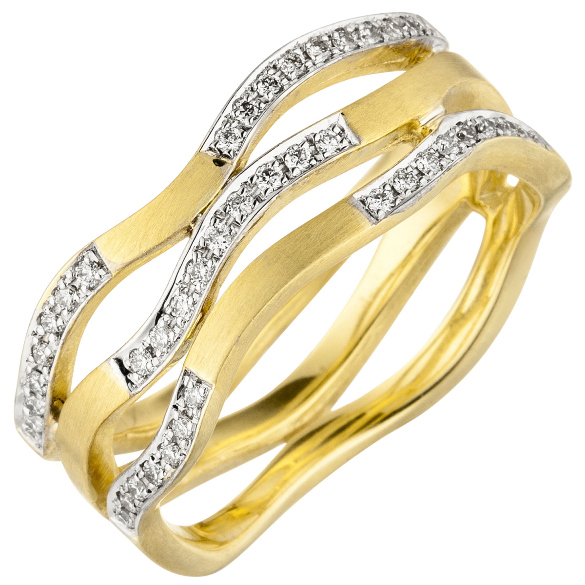 Damen Ring breit 585 Gold Gelbgold matt 42 Diamanten Brillanten Goldring - 56mm