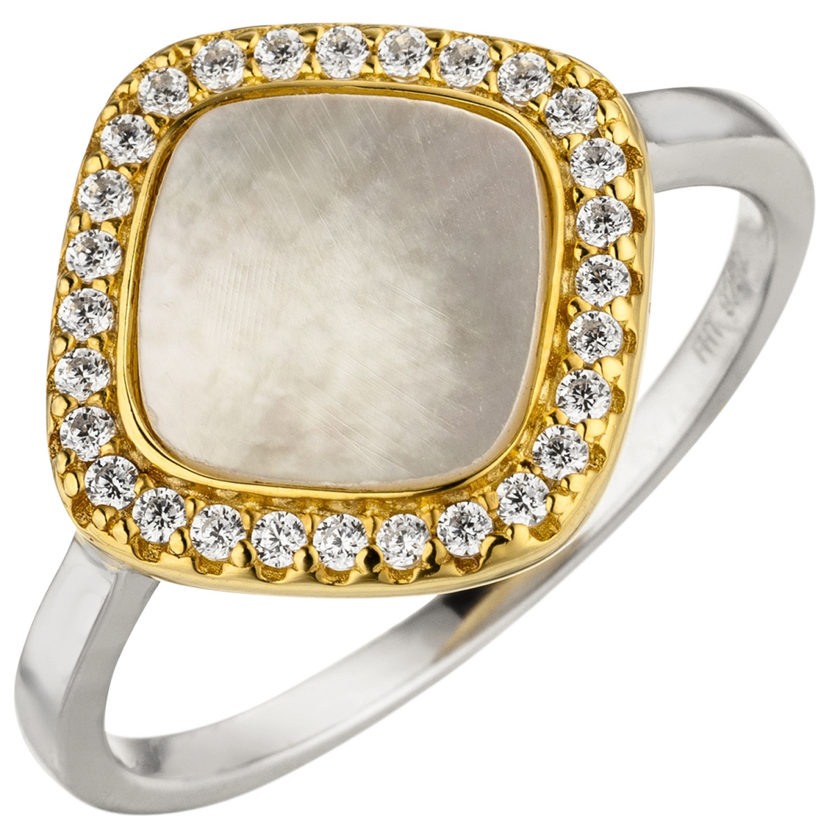 Damen Ring 925 Sterling Silber bicolor vergoldet Perlmutt 28 Zirkonia - 52mm