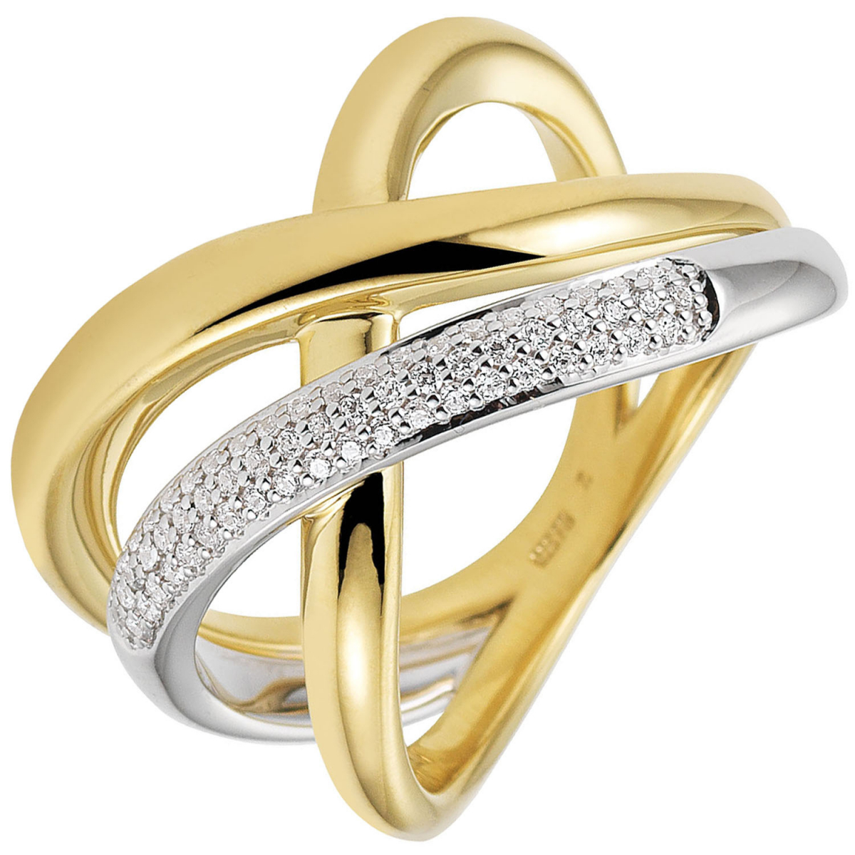 Damen Ring 585 Gold Gelbgold Weißgold bicolor 61 Diamanten Brillanten Goldring - 56mm