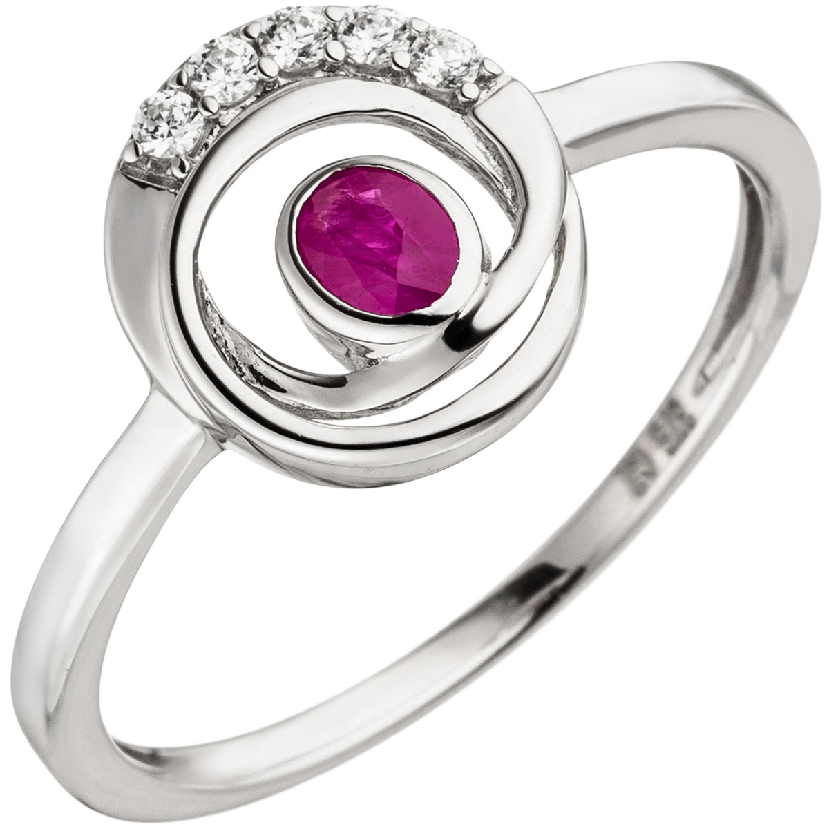 Damen Ring 375 Gold Weißgold 5 Zirkonia 1 Rubin Rubinring Weißgoldring - 56mm