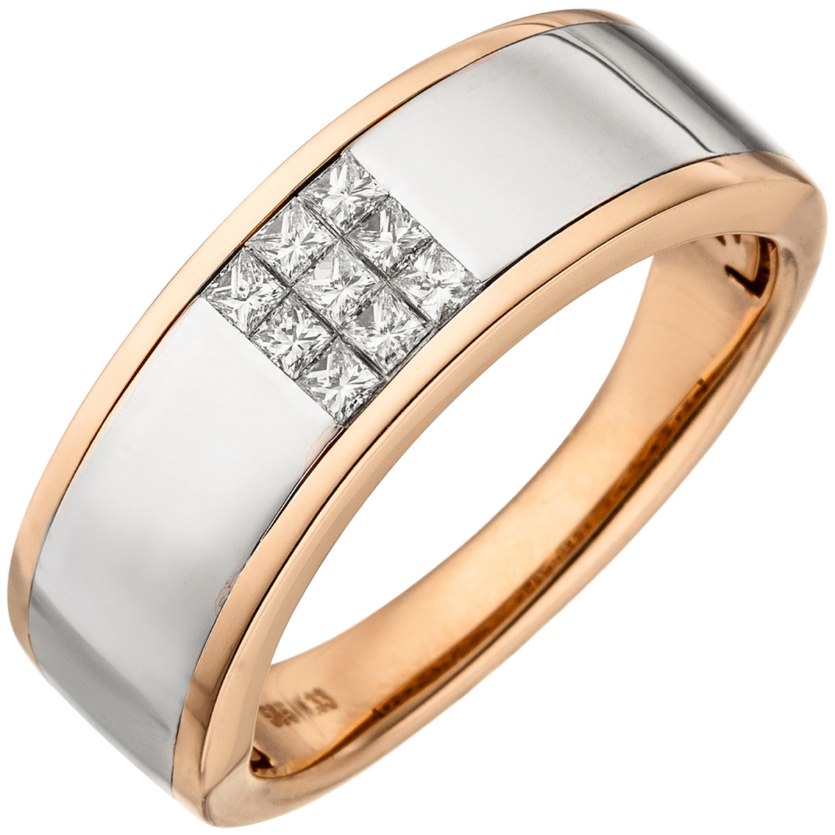 Damen Ring 585 Gold Rotgold bicolor 9 Diamanten Princess Schliff - 58mm
