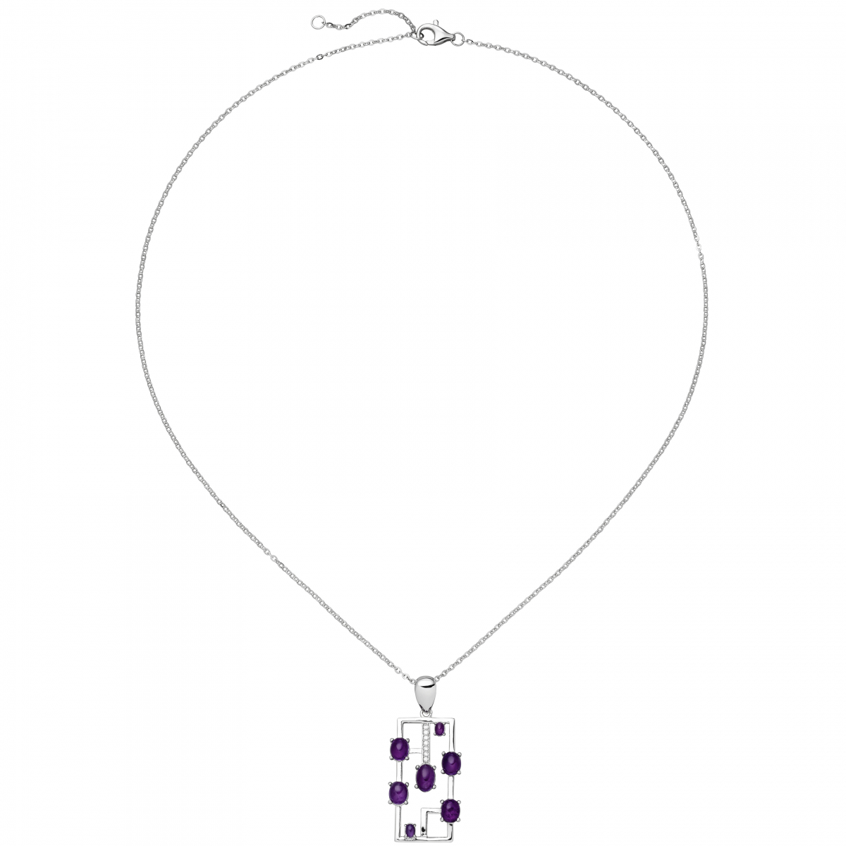Collier 925 Sterling Silber 7 Amethyst-Cabochons lila 7 Zirkonia 45 cm