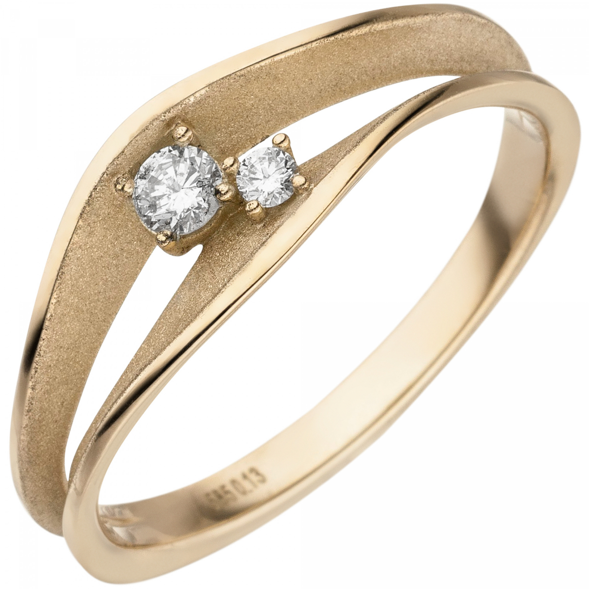 Damen Ring 585 Gold Gelbgold teil matt 2 Diamanten Brillanten - 58mm