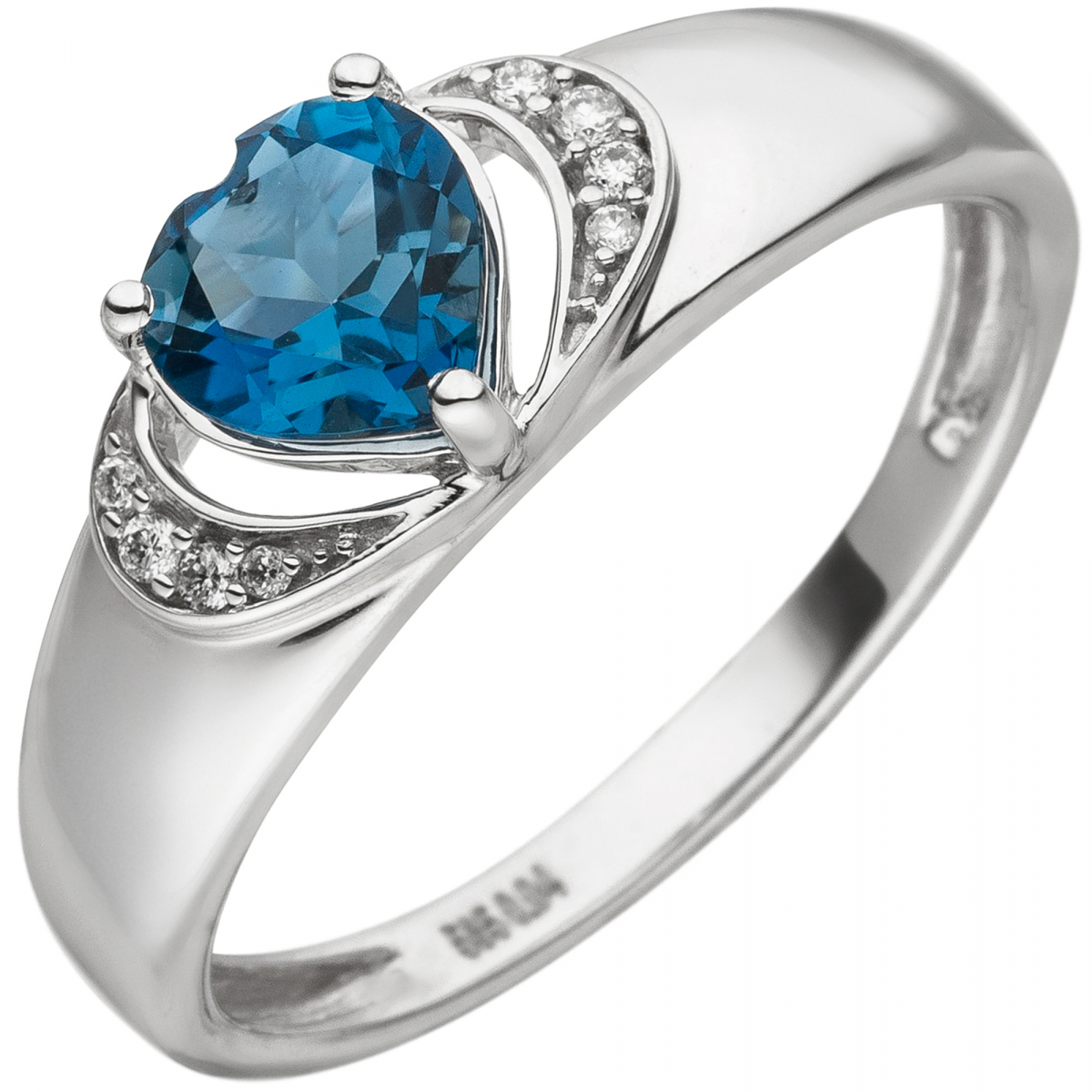 Damen Ring Herz 585 Gold Weißgold 1 Blautopas 8 Diamanten Brillanten - 56mm