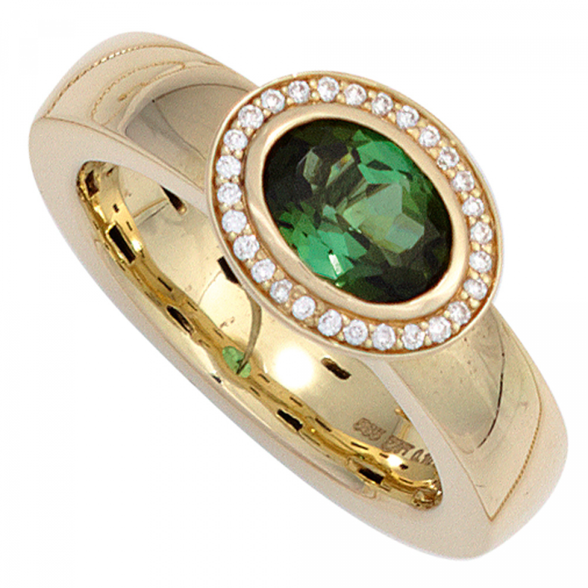 Damen Ring 585 Gold Gelbgold 1 Turmalin grün 28 Diamanten Brillanten Goldring - 56mm