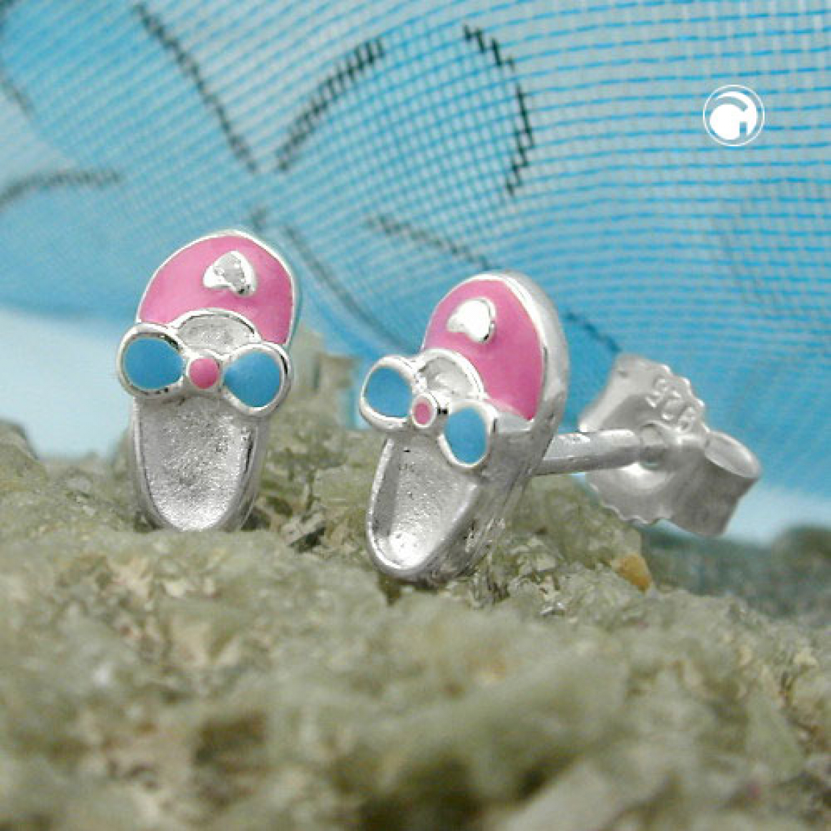 Stecker 8x4mm Kinderohrring Schuh rosa-hellblau lackiert Silber 925
