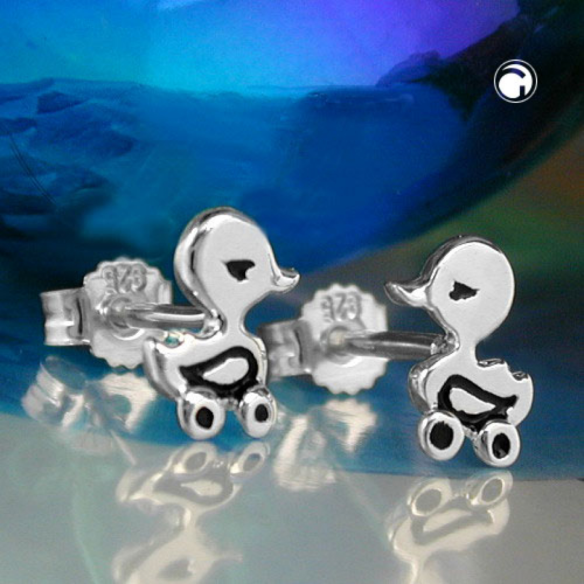 Stecker 8x7mm Kinderohrring Spielzeug-Ente teilweise schwarz lackiert Silber 925
