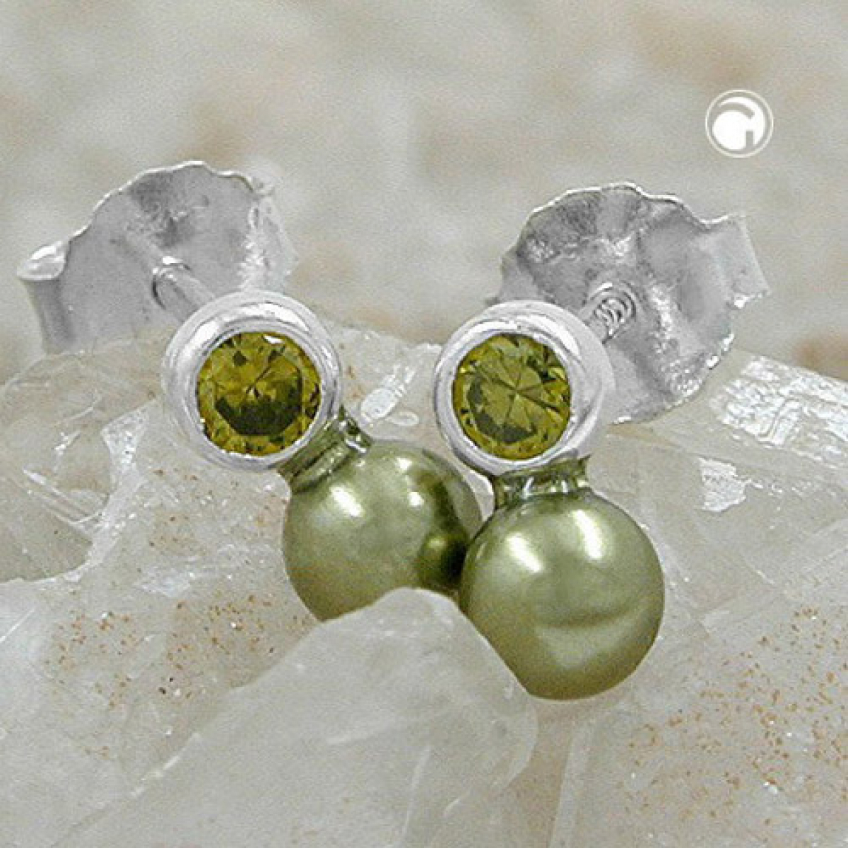 Stecker 7x4mm Zirkonia peridotfarbig Imitatperle olivgrün 925