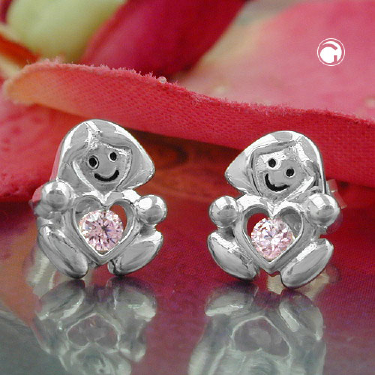 Stecker 9,5x8mm Kinderohrring Mädchen mit Herz Zirkonia pink glänzend Silber 925