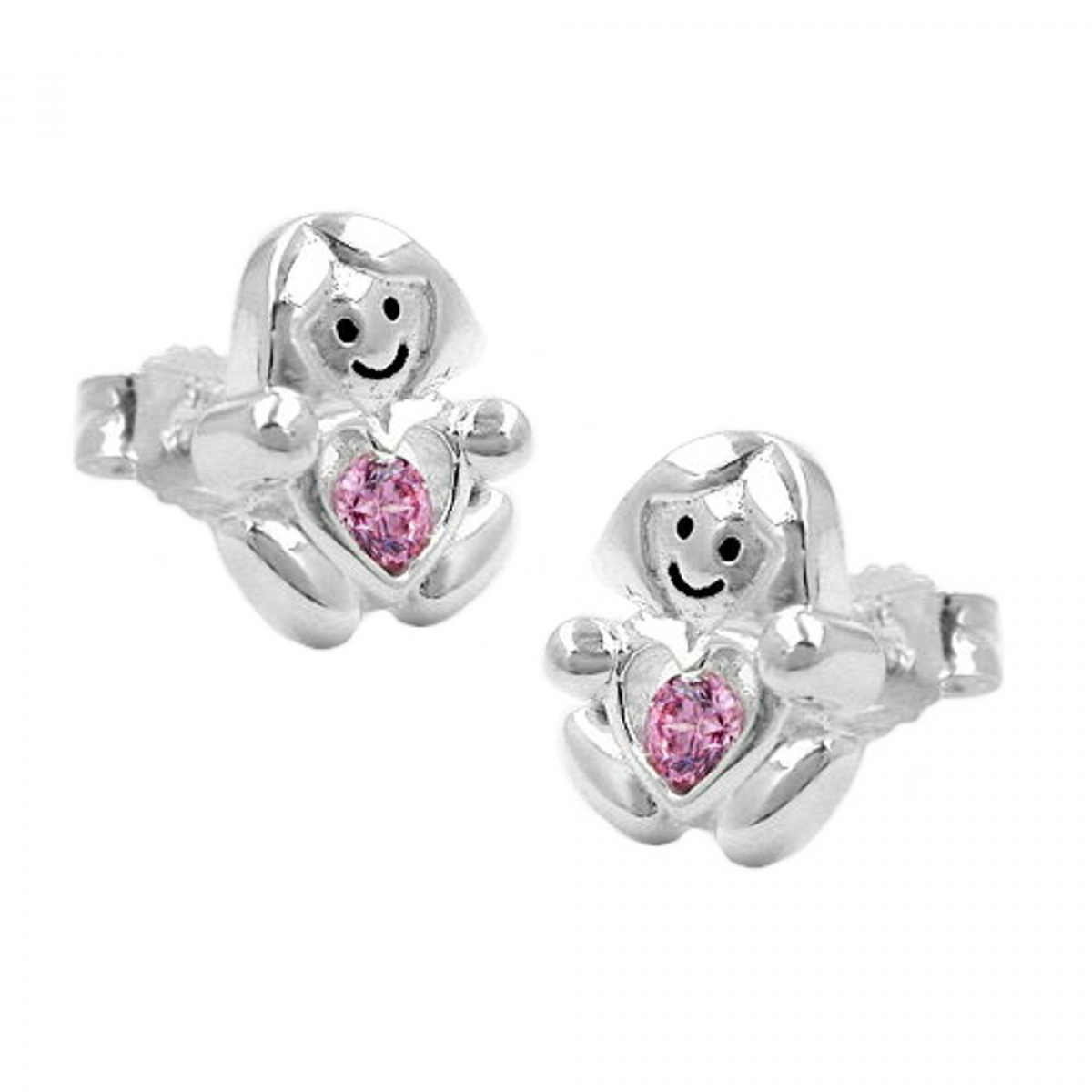 Stecker 9,5x8mm Kinderohrring Mädchen mit Herz Zirkonia pink glänzend Silber 925