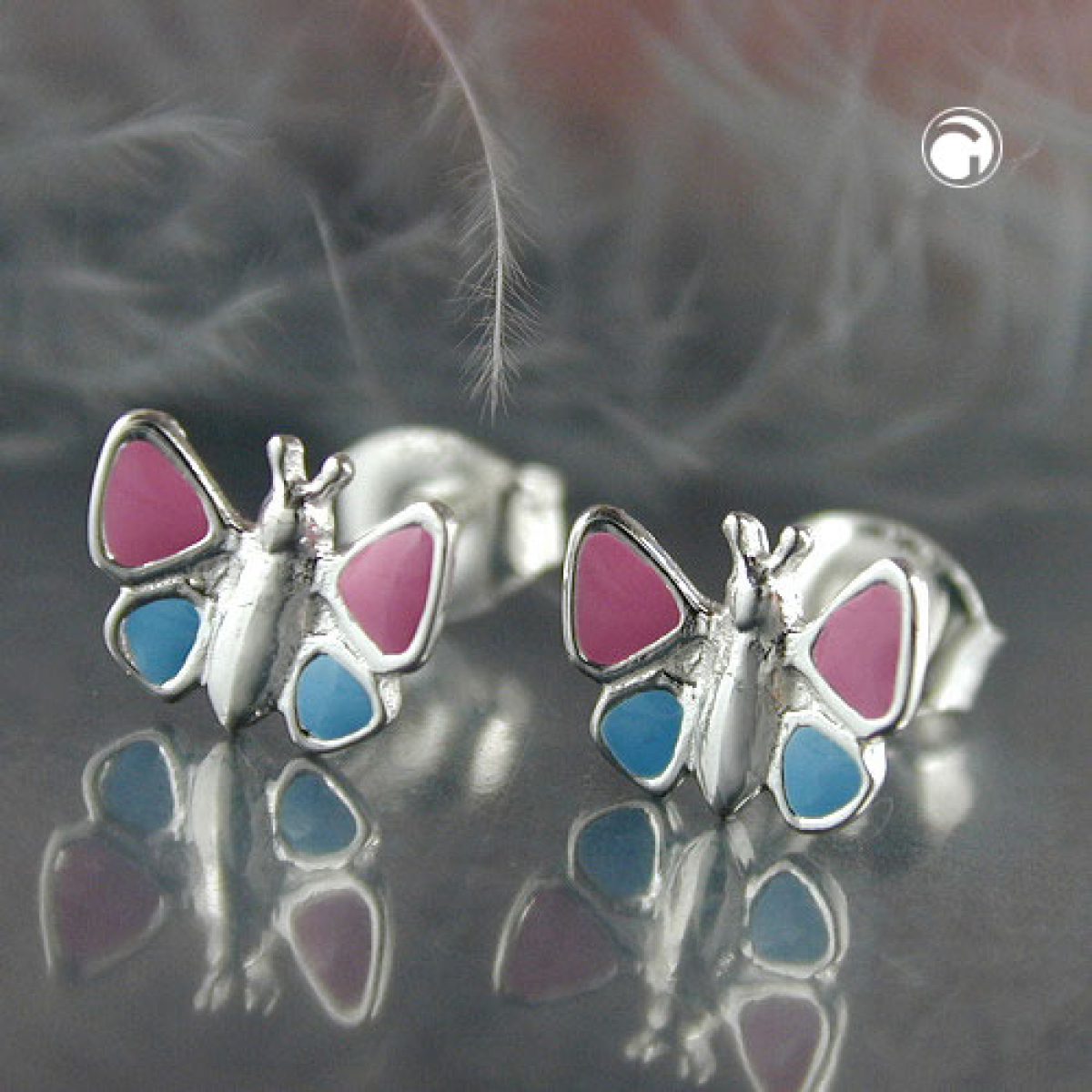 Stecker 7x8mm Kinderohrring Schmetterling hellblau-pink Silber 925