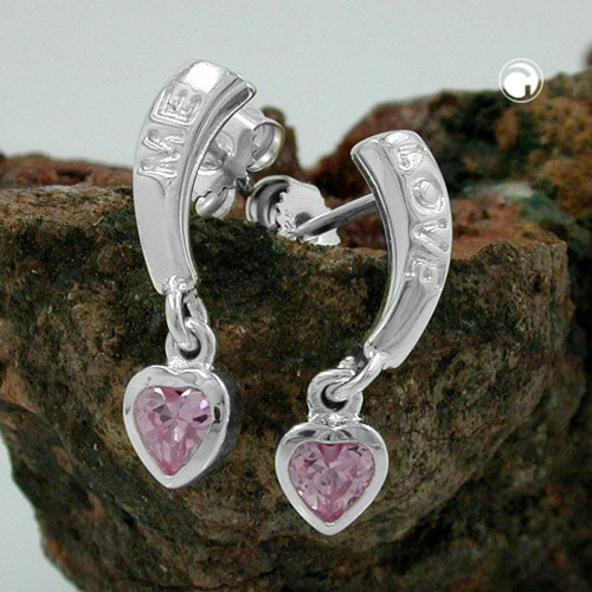Stecker 20x5mm mit Herz Zirkonia pink und Schriftzug LOVE ME Silber 925
