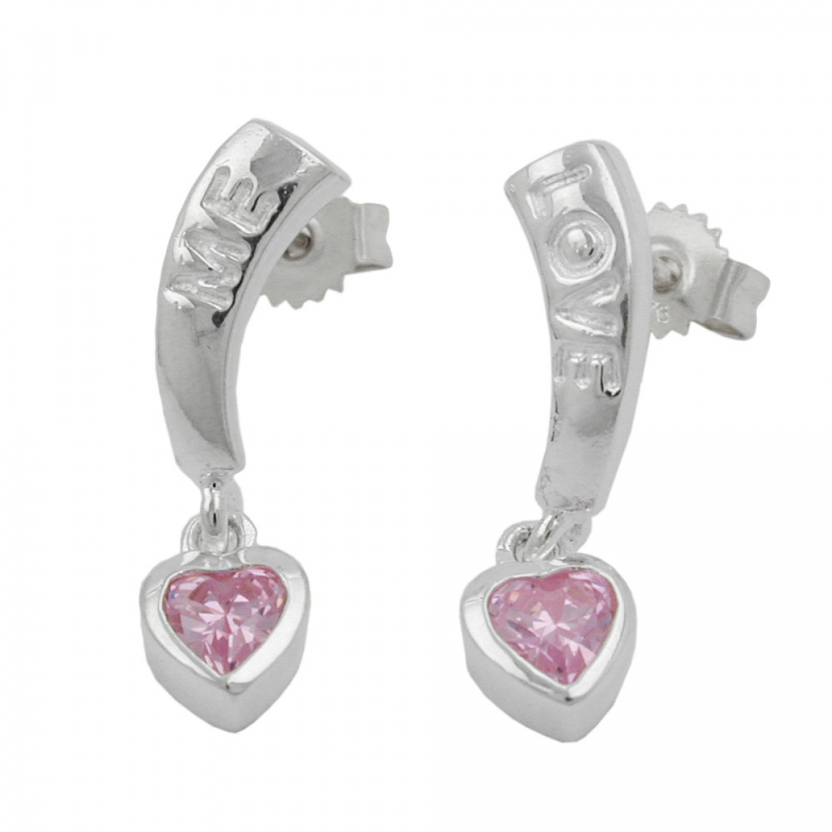Stecker 20x5mm mit Herz Zirkonia pink und Schriftzug LOVE ME Silber 925