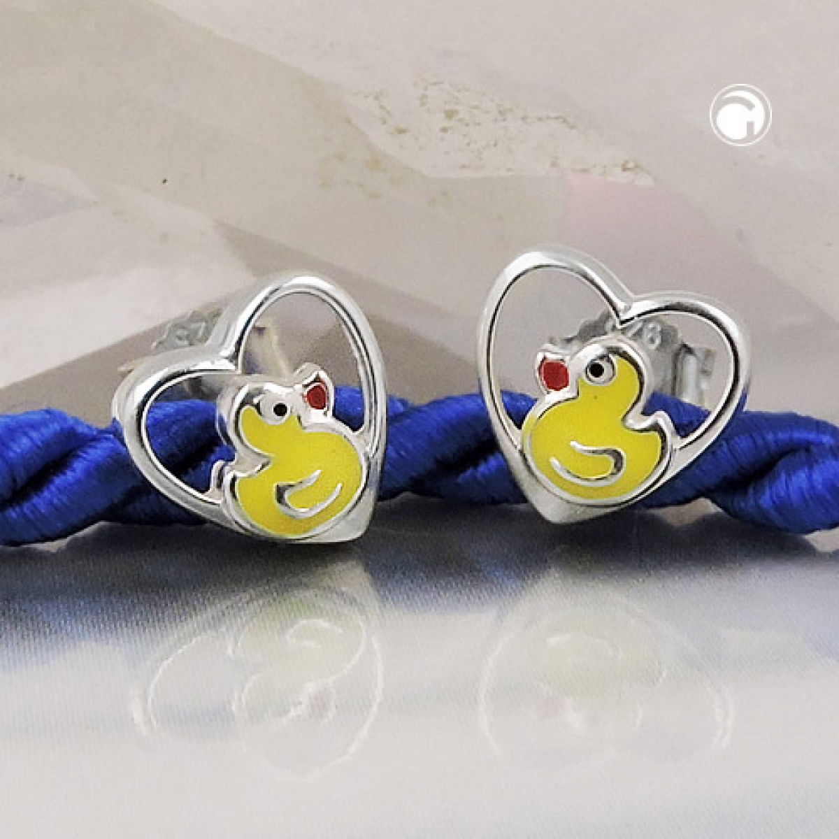 Stecker 8mm Kinderohrring kleine Ente im Herz farbig lackiert Silber 925