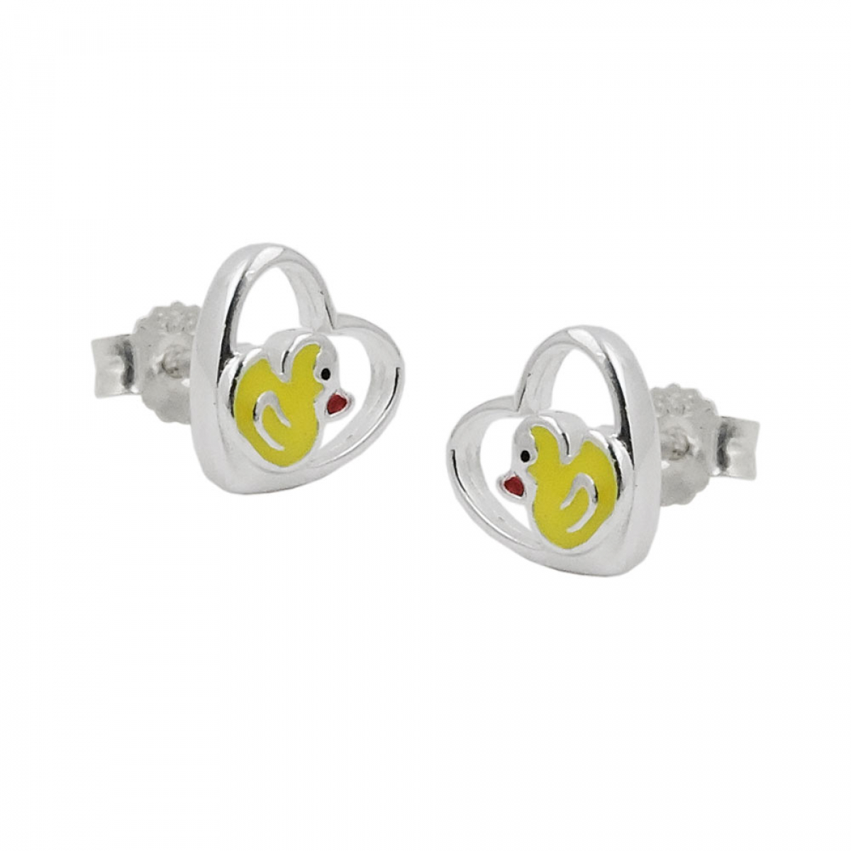 Stecker 8mm Kinderohrring kleine Ente im Herz farbig lackiert Silber 925