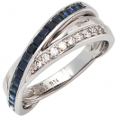 Damen Ring 585 Gold Weißgold 9 Diamanten Brillanten 0,14ct. 17 Safire blau - 60mm