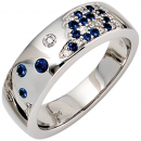 Damen Ring 585 Gold Weißgold 13 Diamanten Brillanten 0,10ct. 15 Safire blau - 56mm