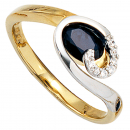 Damen Ring 585 Gold Gelbgold Weißgold 1 Safir blau 8 Diamanten Brillanten - 58mm