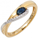 Damen Ring 333 Gold Gelbgold Weißgold 1 Safir blau 10 Zirkonia Goldring - 50mm
