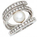 Damen Ring breit 925 Silber rhodiniert 1 Süßwasser Perle 31 Zirkonia Perlenring - 60mm