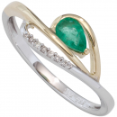 Damen Ring 585 Weißgold Gelbgold bicolor 1 Smaragd grün 7 Diamanten Brillanten - 56mm