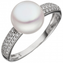 Damen Ring 333 Gold Weißgold 1 Süßwasser Perle 36 Zirkonia Perlenring Goldring - 50mm