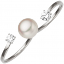 Damen Zweifinger Ring 333 Gold Weißgold 1 Süßwasser Perle 2 Zirkonia Perlenring - 58mm